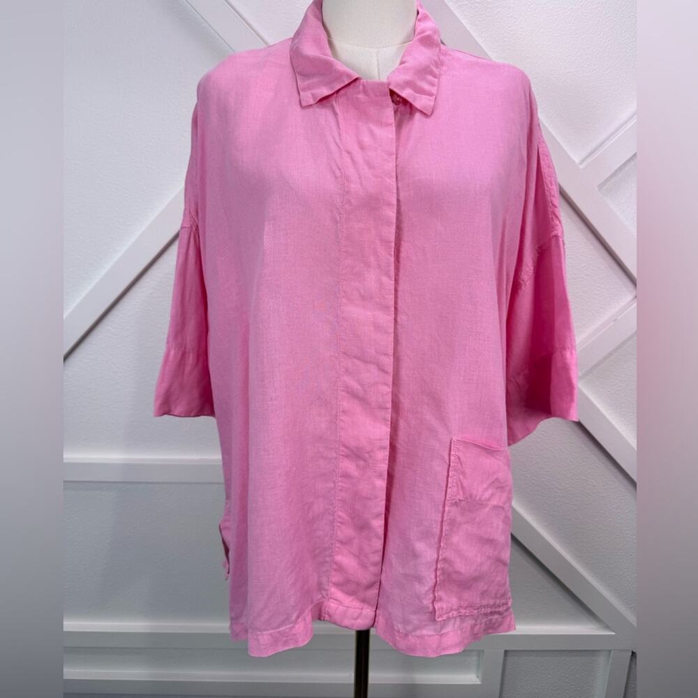 OSKA Pink Linen Button Front Shirt Top Boxy Short Sleeve Pocket Size 0 (US 4-6)